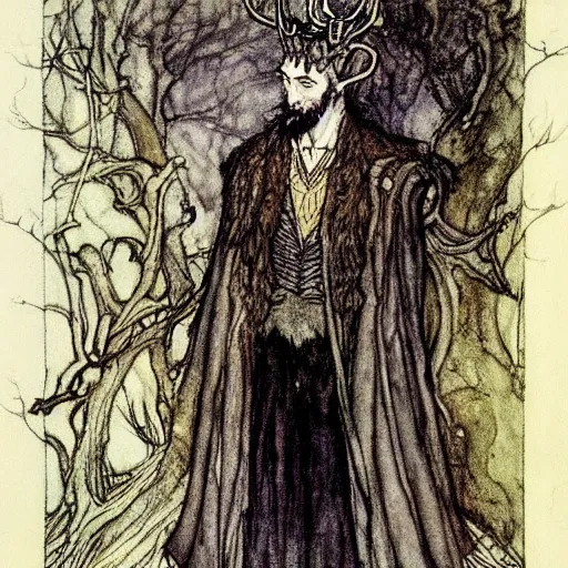 Prompt: A handsome King of the Fae with horns and beard wearing an exquisite suit, color illustration by Arthur Rackham