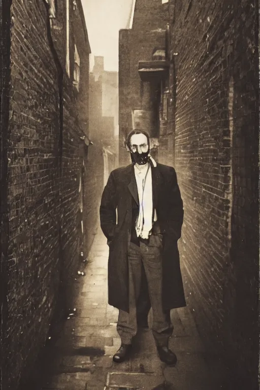 Image similar to portrait of a villain, standing in a gaslit london alleyway