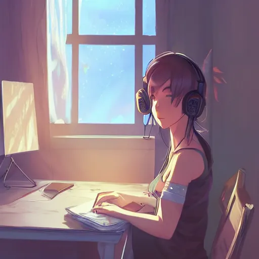 Prompt: attractive girl, hair in messy bun, wearing headphones, studying at desk, bedroom setting, golden hour, digital art, art by rossdraws, artgerm, anime scenery by Makoto Shinkai