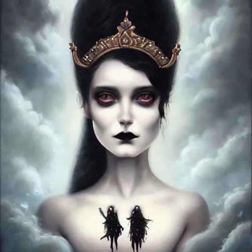 Image similar to By Tom Bagshaw, ultra realist soft painting of a curiosities carnival by night, very beautiful female dollpunk in full gothic dress, symmetry accurate features, very intricate details, omnious sky, black and white, volumetric light clouds