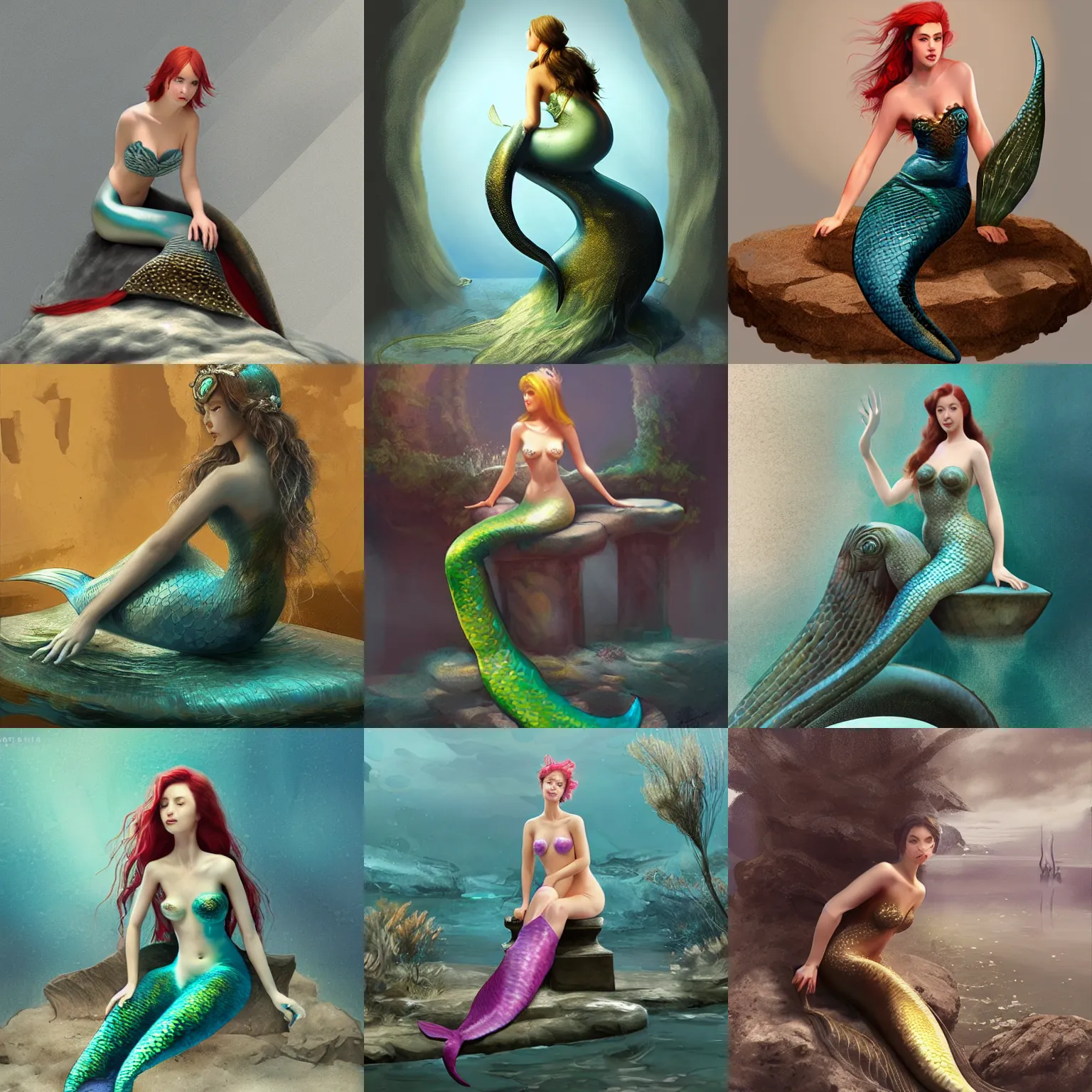 Prompt: woman in a mermaid costume, sitting on a pedestal, as an exhibit in an art gallery, concept art, digital art, by xiaoguang sun
