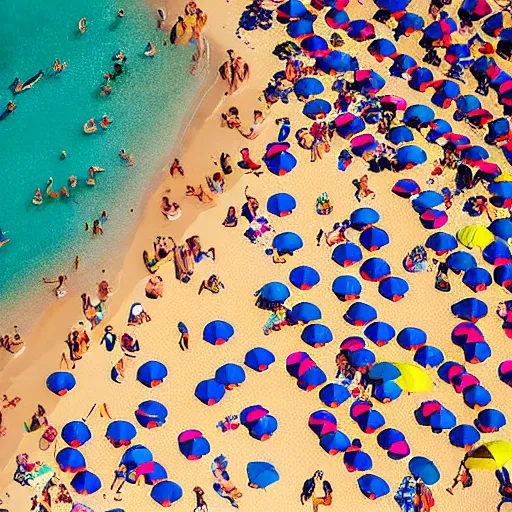 Image similar to photograph beachscapes from an almost perpendicular angle, Aerial view of sandy beach with umbrellas and sea, Aerial of a crowded sandy beach with colourful umbrellas, sun bathers and swimmers during summer, by Tommy Clarke