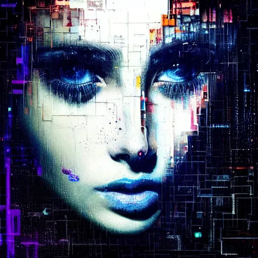 Prompt: hyperrealistic portrait of a young women with shining crystal eyes, by Guy Denning, by Johannes Itten, by Russ Mills, glitch art, hacking effects, digital tech effects, cyberpunk, color blocking!, oil on canvas, intricate detail, concept art, abstract, detailed lines, clean, polished, symmetrical, octane, cgsociety, 8k, trending on artstation