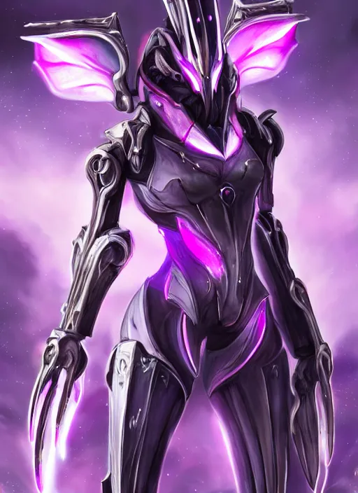 Image similar to cinematic close shot, galactic sized proportional stunning beautiful hot female warframe, sleek mecha goddess dragon head, metal ears, led purple eyes, smooth fuschia skin, smooth silver armor, floating in space, holding a galaxy, epic proportions, epic size, epic detail, furry art, dragon art, giantess art, warframe fanart, furaffinity, octane