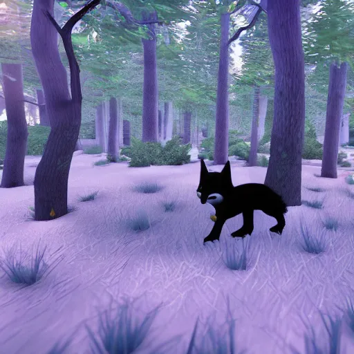 Prompt: second life game screenshot of a fluffy black fox close up beautiful and amazing fantasy forest at night, octane engine, 4 k screenshot