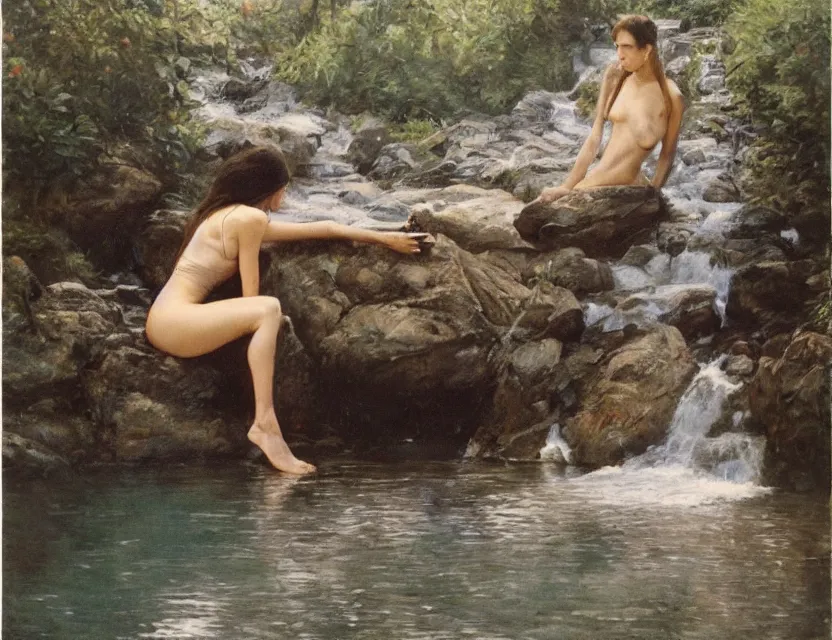 Image similar to steve hanks, serov valentin, lisa yuskavage, andrei tarkovsky, terrence malick, monk sits near waterfall, golden ratio, perfect symmetrical, polaroid, vintage, soft lights, foggy, oil on canvas