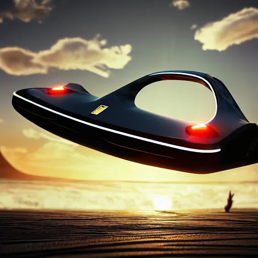 Image similar to concpet art featuring a futuristic ferrari themed hoverboard sitting at the beach during sunset. fine detail. surf. this 4 k hd image is trending on artstation, featured on behance, well - rendered, extra crisp, features intricate detail, epic composition and the style of unreal engine.