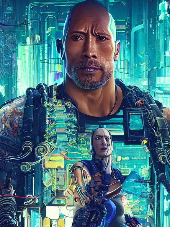 Image similar to a cyberpunk 2077 illustration half body portrait of Dwayne Johnson and a female android with complex mess of cables and wires behind them connected to giant computer, love,film lighting, by laurie greasley,Lawrence Alma-Tadema,William Morris,Dan Mumford, trending on atrstation, full of color, mythological, high detailed,golden ratio,cinematic lighting