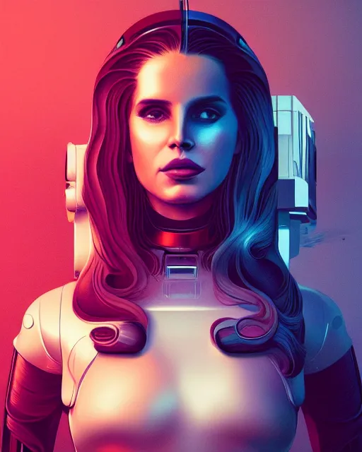 Image similar to portrait of lana del rey as a cyborg. intricate abstract. intricate artwork. by tooth wu, wlop, beeple, dan mumford. dune by david lynch, octane render, trending on artstation, greg rutkowski very coherent symmetrical artwork. cinematic, hyper realism, high detail, octane render, 8 k, iridescent accents