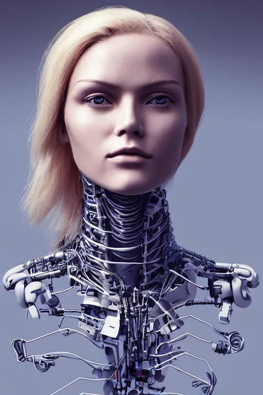 Image similar to robot with human face, female head, full body angle, woman human face, human face realistic, beautiful blonde hair, human head, human head with blonde hair, blonde hair human head, blonde hair, human realistic face, human head skin, cyborg frame concept, cyborg by ales-kotnik, sci-fi android female, the body is made of wires, robotic body, cyborg body, cyborg bust body, robot body cyborg, full body