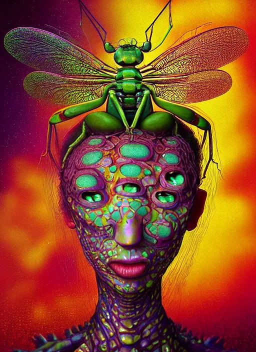 Prompt: hyper detailed 3d render like a Oil painting - kawaii half visceral portrait Aurora (gold haired Singer Praying Mantis Dragonfly) seen Eating of the Strangling network of yellowcake aerochrome and milky Fruit and Her compund eyes delicate Hands hold of gossamer polyp blossoms bring iridescent fungal flowers whose spores black the foolish stars by Jacek Yerka, Mariusz Lewandowski, Houdini algorithmic generative render, Abstract brush strokes, Masterpiece, Edward Hopper and James Gilleard, Zdzislaw Beksinski, Mark Ryden, Wolfgang Lettl, hints of Yayoi Kasuma, octane render, 8k