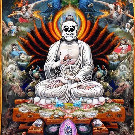 Prompt: white silk + angel spawn + healing shaman + skull mask throwing up dmt + clouds of the god emperor buddha + death + exasperated detailed face of enlightenment anguish + warlock + entombment of the machine + spiritual eruption + elemental alchemical + detailed renaissance art ornaments + crystals spewing forth from eyes