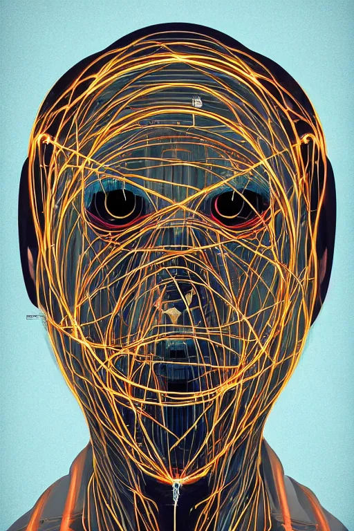 Image similar to portrait of a organic cyborg head wrapped in optical fibers by pixar, centered, symmetrical, bilateral symmetry, 70s poster, polished, retro dark vintage sci-fi, 2D matte illustration