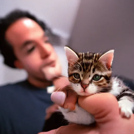 Image similar to 15mm wide-angle lens of a 1990 New York rapper holding a kitten up to the camera