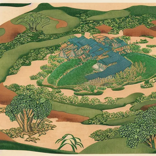 Prompt: 3d isometric botanical illustration of a small settlement in the tropical forest on the mountainside, diego rivera in Ukiyo-e style, HD