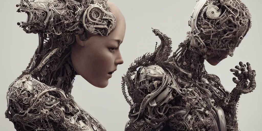 Prompt: hyper realistic photography of a beautiful cyborg female, intimate holding close, self assembled sentience, in the style of beth cavener, jin kagetsu, wlop, highly detailed, intricate filigree, symmetry, masterpiece, concept art, highkey lighting, ambient lighting, octane render, 8 k, artstation