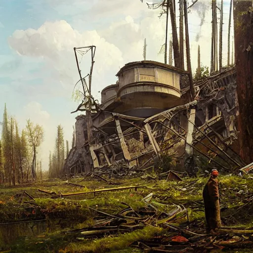 Prompt: a ivan shishkin and simon stalenhag painting of a ruined building and enormous robot