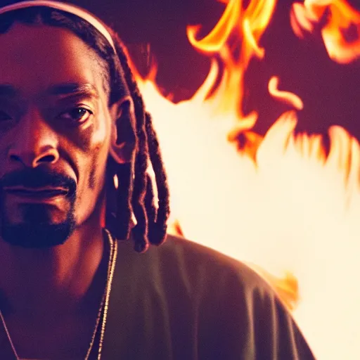 Prompt: cinematic film still of Snoop Dogg starring as a Samurai holding fire, 2022, 40mm lens, shallow depth of field, film photography