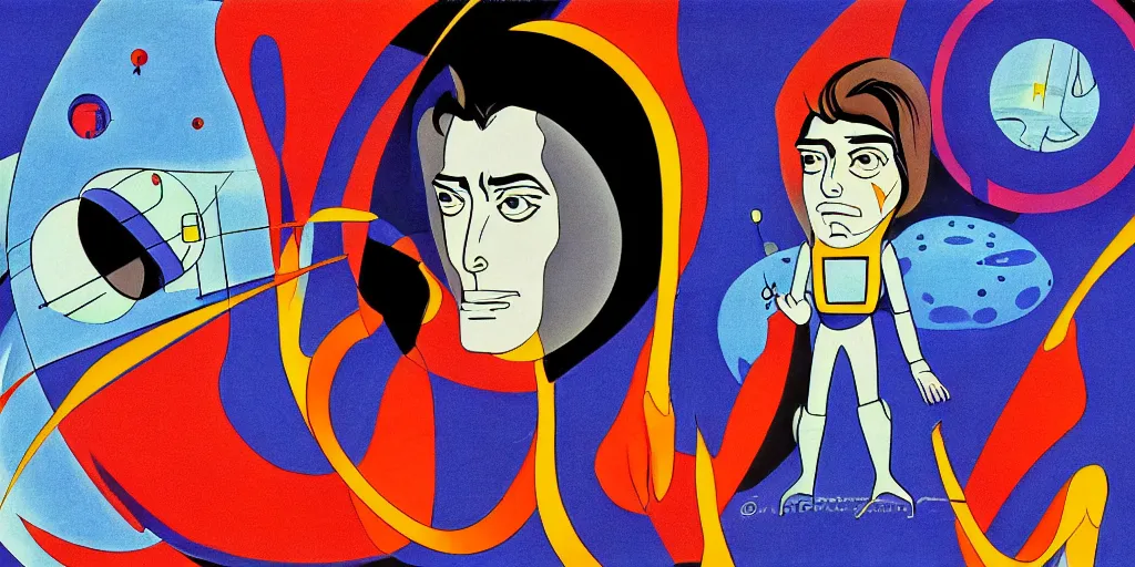 Prompt: traditional drawn colorful animation a symmetrical portrait of lonely single Alain Delon alone from 1970 70s pilot in posing in spaceship station planet captain bridge outer worlds robots extraterrestrial hyper contrast well drawn in Jean Henri Gaston Giraud animation film The Masters of Time FANTASTIC PLANET La planète sauvage animation by René Laloux