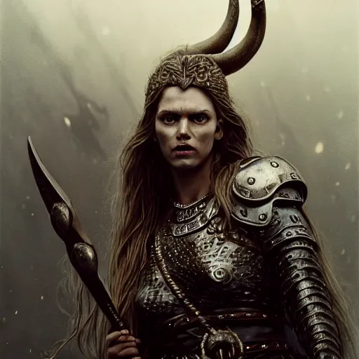 Prompt: Official low-angle photo of an attractive majestic fierce viking woman, leader, jaw-dropping, mind-blowing details, ethereal, fear, scarred, highly detailed, viking attire, cinematic, 16k, 1080s, smooth, sharp focus, by Stanley Artgermm, Tom Bagshaw, Greg Rutkowski, Vincent di Fate, Carne Griffiths, Ayami Kojima, WLOP, trending on DeviantArt, hyper detailed, full of color, digital art, Vibrant colors, Smooth gradients, High contrast, depth of field, aperture f2.8