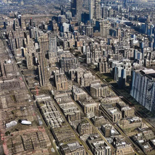 Prompt: top down aerial view of dilapidated manhatten in real life, desolate with zombies, dilapidated, zombies in the streets, nightmarish, some rusted style parked vehicles, sunny weather, few clouds, volumetric lighting, photorealistic, daytime, autumn, sharp focus, ultra detailed, cgsociety