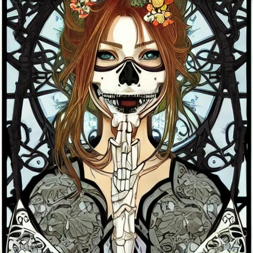 Image similar to manga skull portrait girl female skeleton realism hyperrealistic art Nintendo akira Scarlett Johanson and will cotton alphonse mucha pop art nouveau