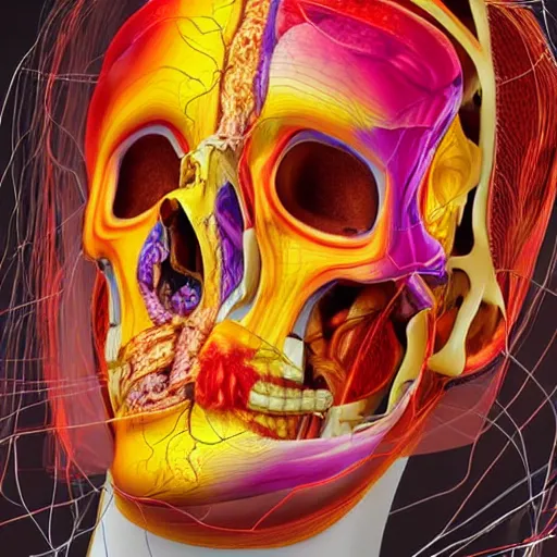 Image similar to insides of a dissected human head turn into a huge coloured power explosion, hyperrealistic medical photo, anatomically correct, realistic textures + section model, 8 k,