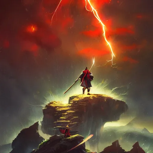 Image similar to UHD Samurai in a cosmic lightning storm on top of a mountain, lighting striking his sword, painted in the style of Greg Rutkowski, Toriyama and Todd McFarlane