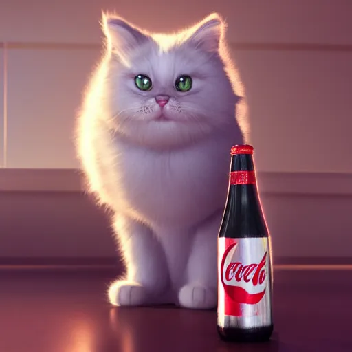 Prompt: a fluffy cat standing next to a bottle of coke. animal. digital art. artstation. realistic. vibrant. illustration. in the style of pixar movie. octane render. art by makoto shinkai, stanley artgerm lau, wlop, rossdraws. volumetric lighting.