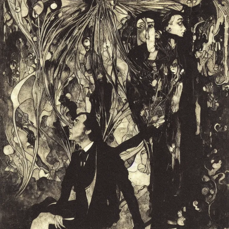 Image similar to nicholas cage stands in a black room with a black dress with a cut - out on the back, anton pieck, jean delville, amano, yves tanguy, alphonse mucha, ernst haeckel, edward robert hughes, stanisław szukalski and roger dean