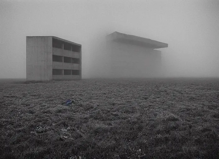 Image similar to high resolution black and white photography with a 3 5 mm f / 2 2. 0 lens of brutalist architectural buildings in belarus in the middle of nowhere in the 1 9 8 0 s, there is fog. fine art photography and very detailed