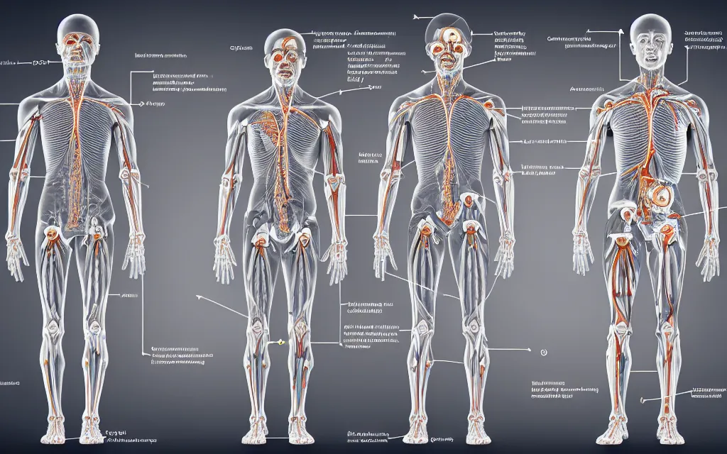 Image similar to diagram of cyborg humans'future biomechanical evolution, scientific anatomical diagram