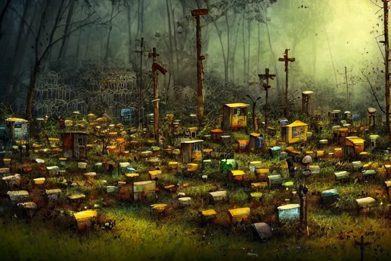 Image similar to simplicity, favela graveyard honeybee hive, fungal forest environment, industrial factory, cheerful, award winning art, epic dreamlike fantasy landscape, ultra realistic,