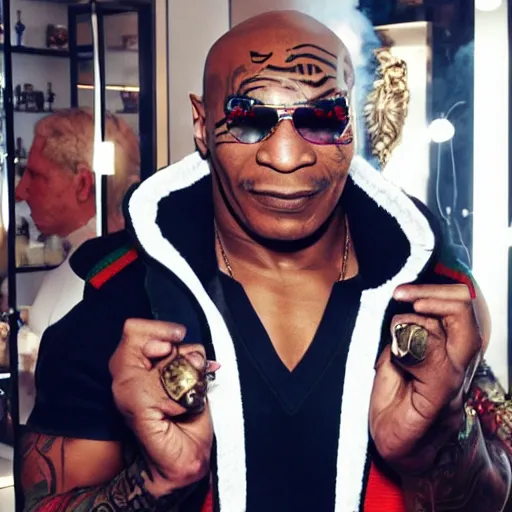 Image similar to mike tyson vaping in a gucci store