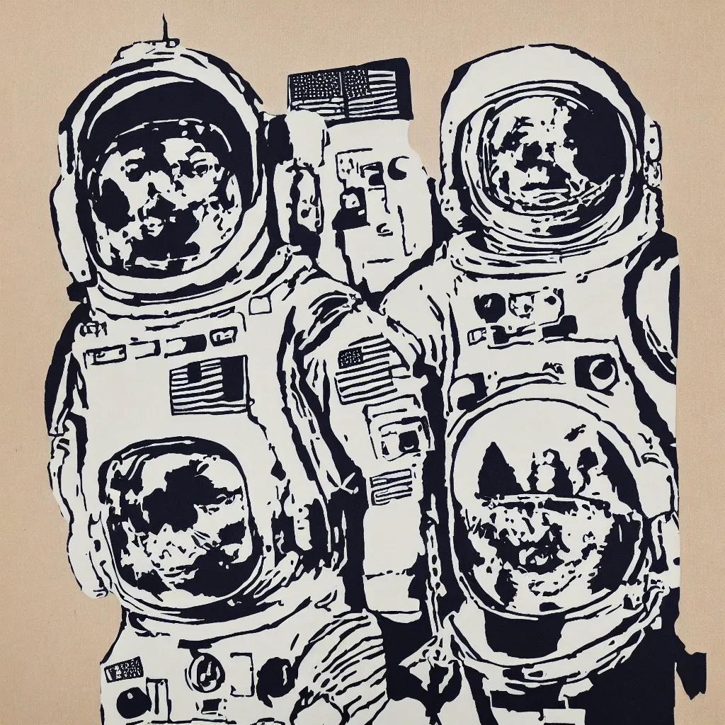 Image similar to individual furry astronaut silk screen portrait banksy style