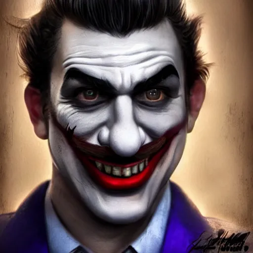 Image similar to Mario in real life with joker makeup, realistic, very realistic, hyperrealistic, highly detailed, very detailed, extremely detailed, detailed, digital art, oil painting, trending on artstation, headshot and bodyshot, detailed face, very detailed face, extremely detailed face, HD Quality, 8k resolution