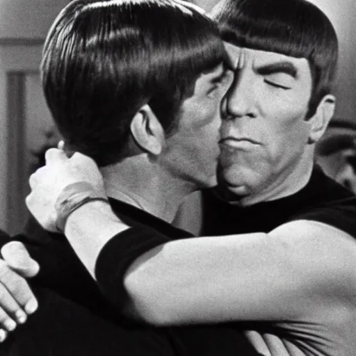 Prompt: Captain James T. Kirk and Spock from Star Trek(1966), hugging each other