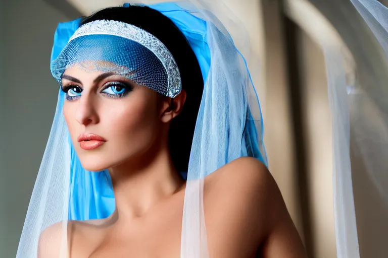 Prompt: Arab young Monica Belluci, tanned, bright blue eyes, white transparent veil, glare face, light blue dress portrait