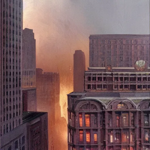 Image similar to muted color ultra realistic painting of a balcony view of 1 9 2 5 boston downtown at night in dr strange's mirror dimension, dark, brooding, night, atmospheric, horror, cosmic, ultra - realistic, smooth, highly detailed in the style of clyde caldwell