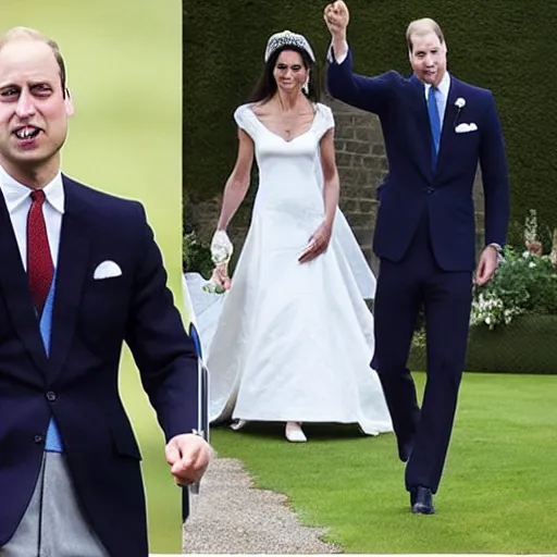 Image similar to photos of the duke of cambridge prince william marrying gary busey, happy couple, human faces, official photos, wedding photo, royal wedding, photos trending on twitter, trending photo on instagram