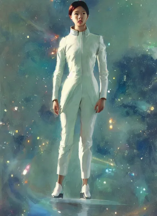 Prompt: Lee Jin-Eun wearing a chic interstellar feminine suit by John Berkey and Vincent Di Fate, rule of thirds, seductive look, beautiful, in intergalactic hq, ethereal lighting, smooth, sharp look, illustration