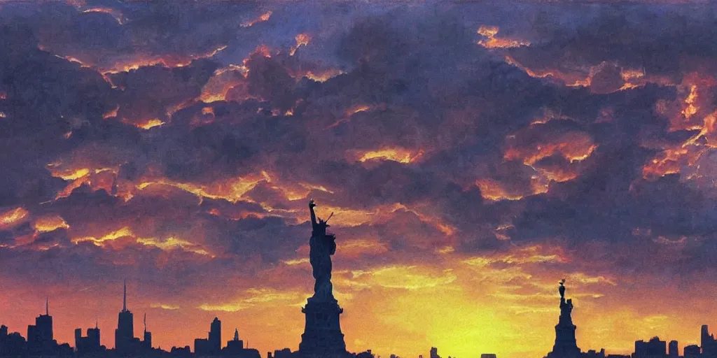 Prompt: backlight on statue of liberty in post apocalyptic egypt , moody sunset and dramatic sky , color oil painting by frazetta, low angle,wide angle, cinemascope panorama