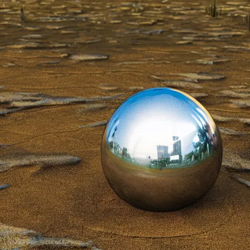 Prompt: a large metallic ball with a mirror finish site in the florida everglades covered in mud, photorealistic