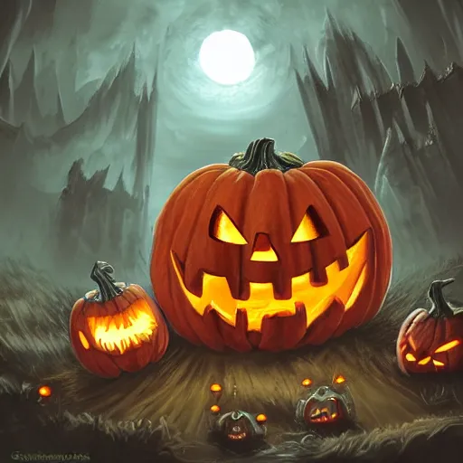 Image similar to pumpkin as a monster boss, fantasy art style, scary atmosphere, nightmare - like dream