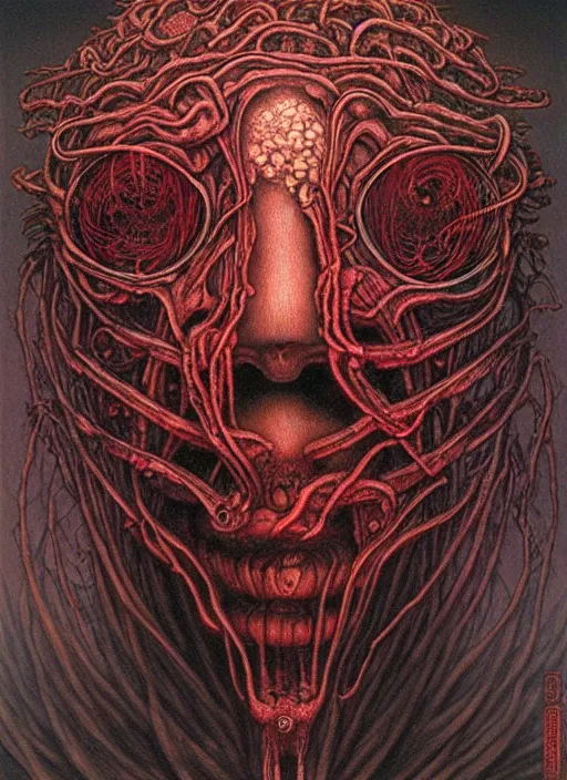 Prompt: a flower blooming insectoid heads, red lake, highly detailed, art by Ayami Kojima, Beksinski, Giger