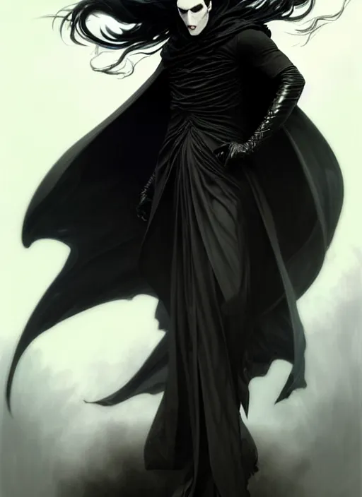 Image similar to goth tall man with wind swept black hair wearing a long flowing black cape , intricate, elegant, highly detailed, digital painting, artstation, concept art, smooth, sharp focus, illustration, art by artgerm and greg rutkowski and alphonse mucha and francisco goya