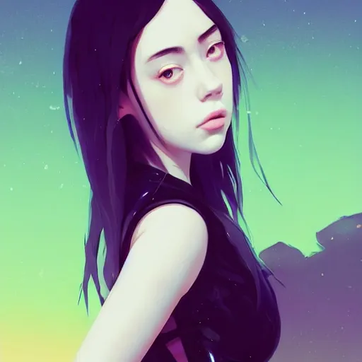 Image similar to a beautiful young japanese billie eilish kat dennings alluring instagram model in elaborate latex tank top, by guweiz and wlop and ilya kuvshinov and artgerm and makoto shinkai and studio ghibli, symmetrical eyes, aesthetic, gorgeous, stunning, alluring, attractive, artstation, deviantart, pinterest, digital art