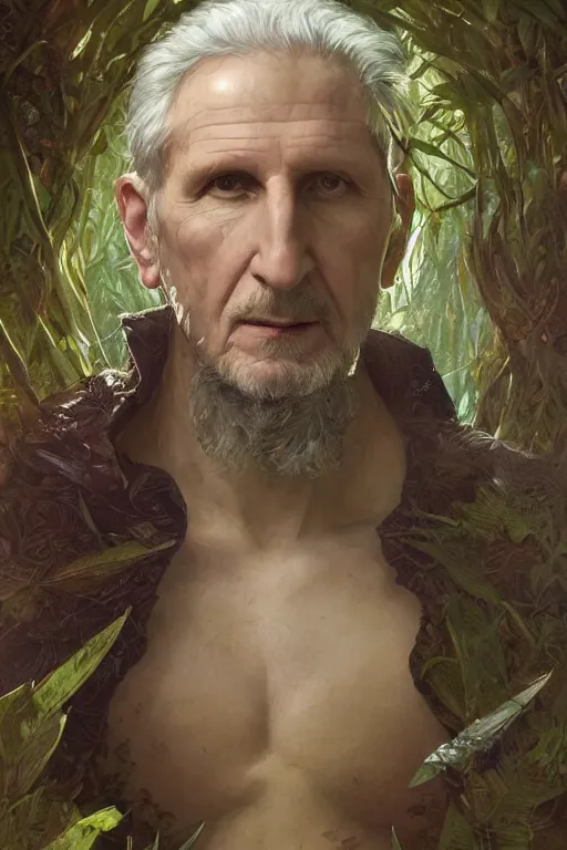 Image similar to portrait of rene auberjonois, forest, godlike, full body, fantasy, intricate, elegant, highly detailed, digital painting, artstation, concept art, sharp focus, illustration, art by artgerm and greg rutkowski and alphonse mucha