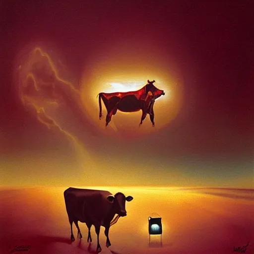 Prompt: a cow floating at night, pov inside a car, flashlight on, creepy, surrealism, painting by boris vallejo and michael whelan