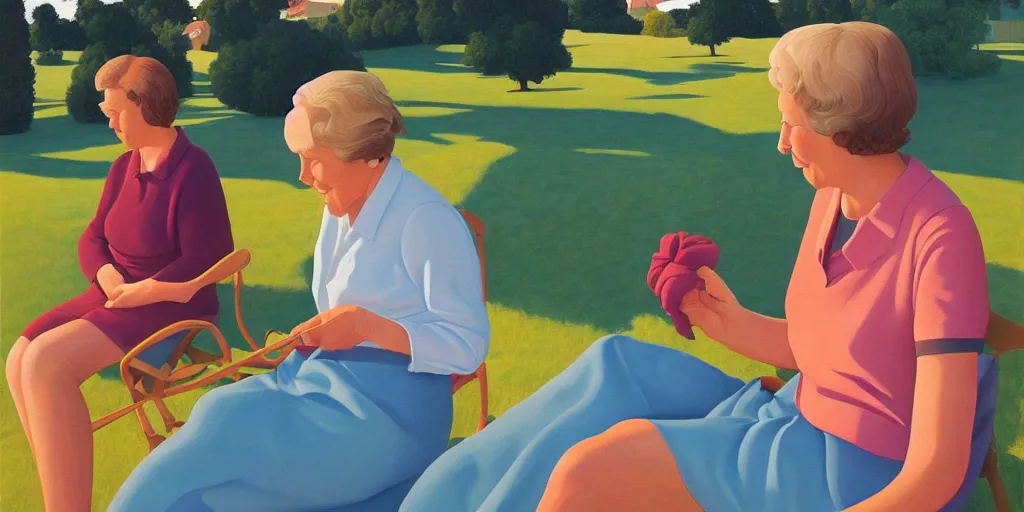 Image similar to knitting grandma, blue sky, summer evening, kenton nelson